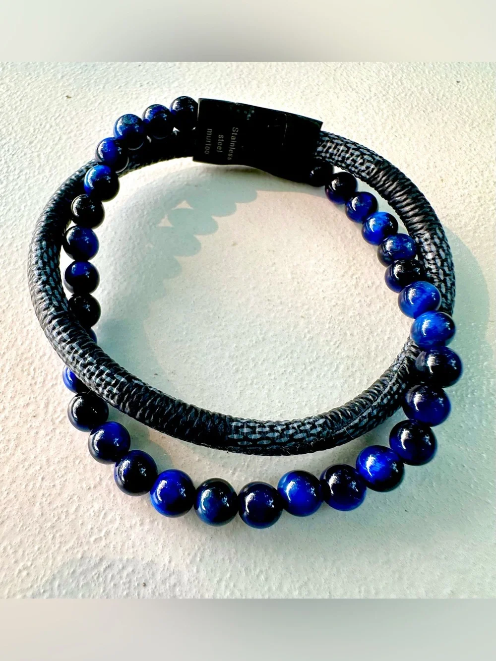 Men's Double Strand Bracelet with Blue Beads and Black Braided Band